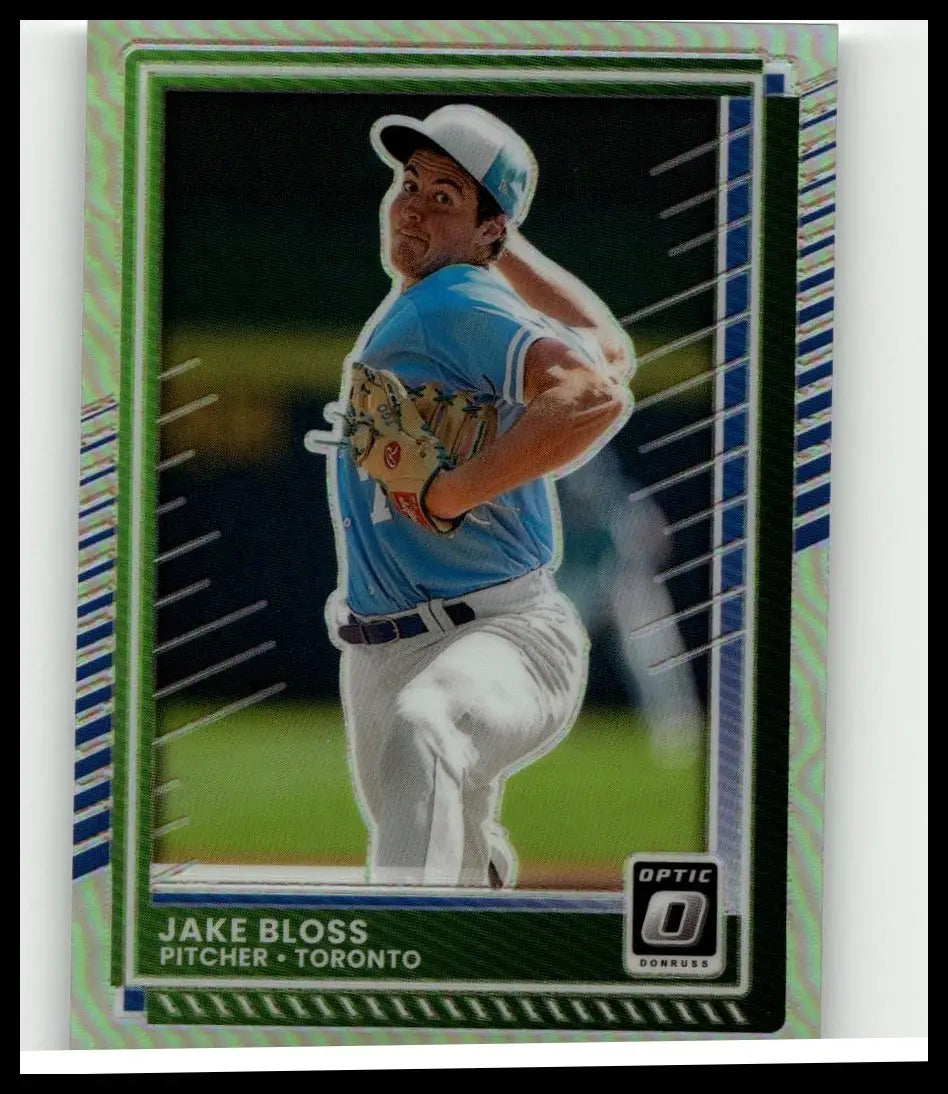 2025 Donruss #96 jake bloss optic holo baseball card with green and blue refractive design showing bloss in action