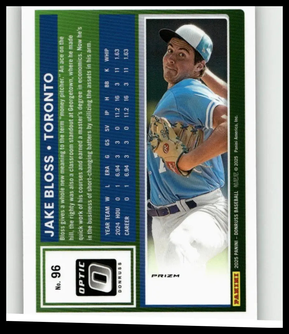 2025 donruss #96 jake bloss optic holo baseball card showing player in light blue jersey and white cap with green trim