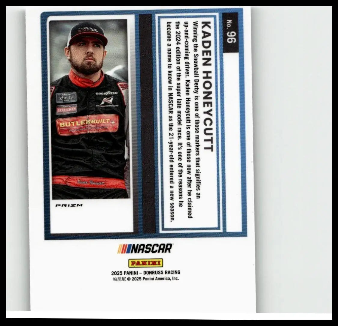 Black and red 2025 donruss #96 kaden honeycutt optic nascar trading card featuring honeycutt in racing suit with sponsor logos