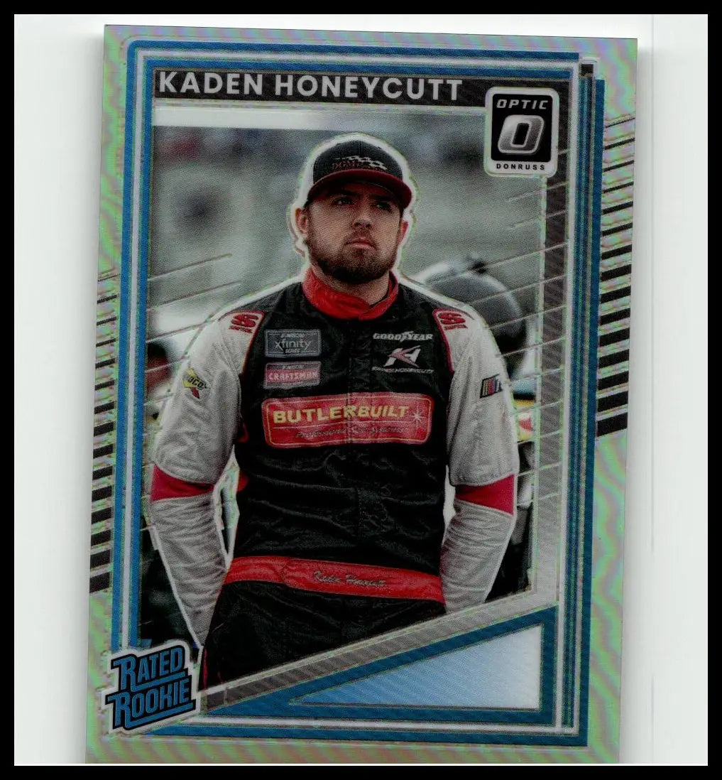 2025 donruss #96 kaden honeycutt optic trading card featuring honeycutt in black white and red racing suit