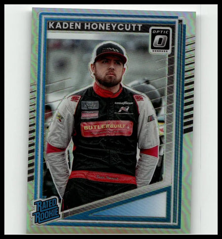 2025 donruss #96 kaden honeycutt optic trading card featuring honeycutt in black white and red racing suit