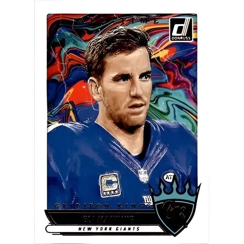Blue glossy new york giants eli manning football jersey with team logo from 2025 donruss all-time gridiron kings series