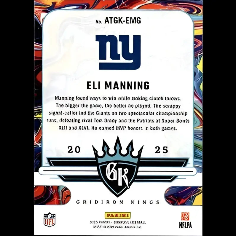 2025 Donruss eli manning football trading card with stats on white background featuring blue and black accents gridiron kings