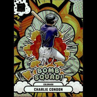 A vibrant, comic-book style baseball trading card featuring a player in a purple jersey and white pants mid-swing against an explosive orange and yellow background with the text ’bomb squad!’ prominently displayed.