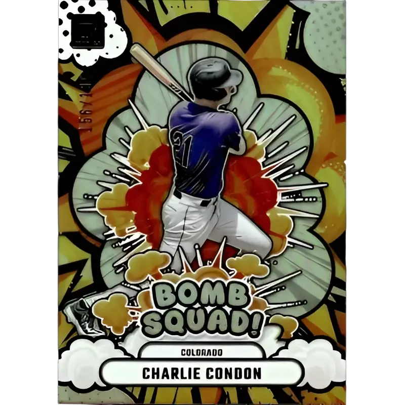 A vibrant, comic-book style baseball trading card featuring a player in a purple jersey and white pants mid-swing against an explosive orange and yellow background with the text ’bomb squad!’ prominently displayed.