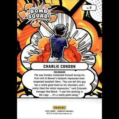 Blue baseball jersey with black sleeves and white trim, worn by charlie condon on a vibrant orange and black comic-style card.