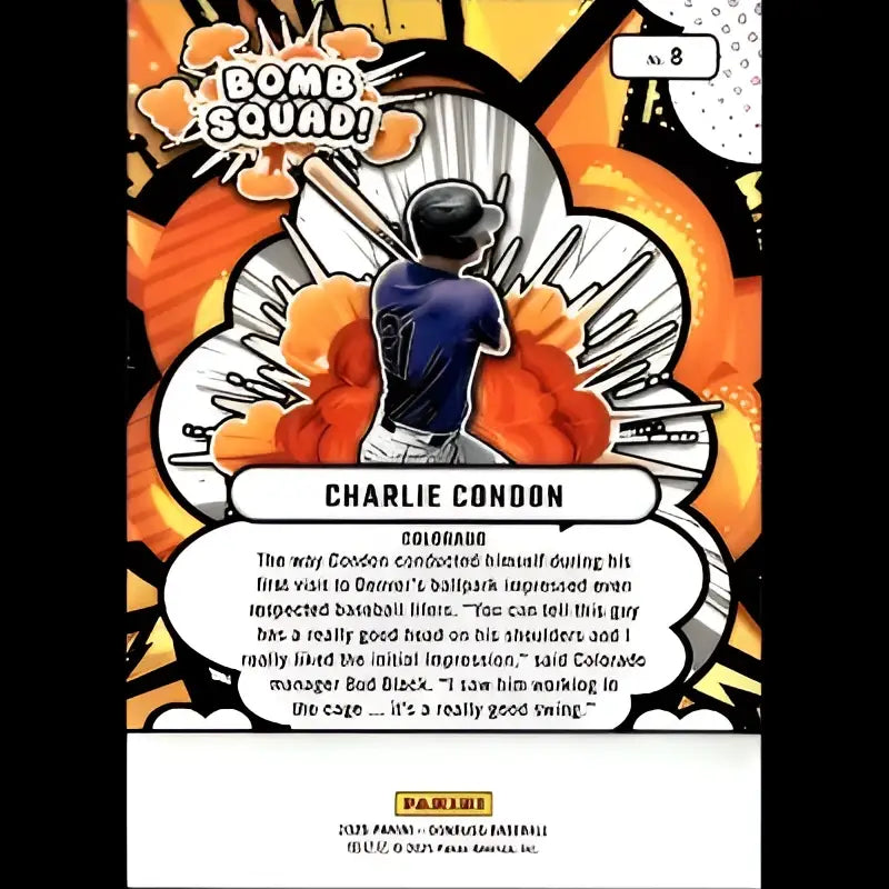 Blue baseball jersey with black sleeves and white trim, worn by charlie condon on a vibrant orange and black comic-style card.
