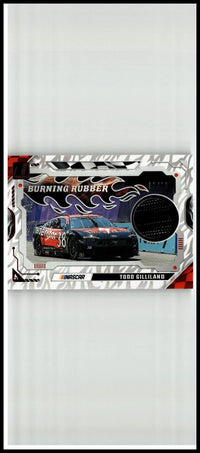 Nascar trading card featuring todd gilliland burning rubber materials red car #38 from 2025 donruss limited to 99 cards