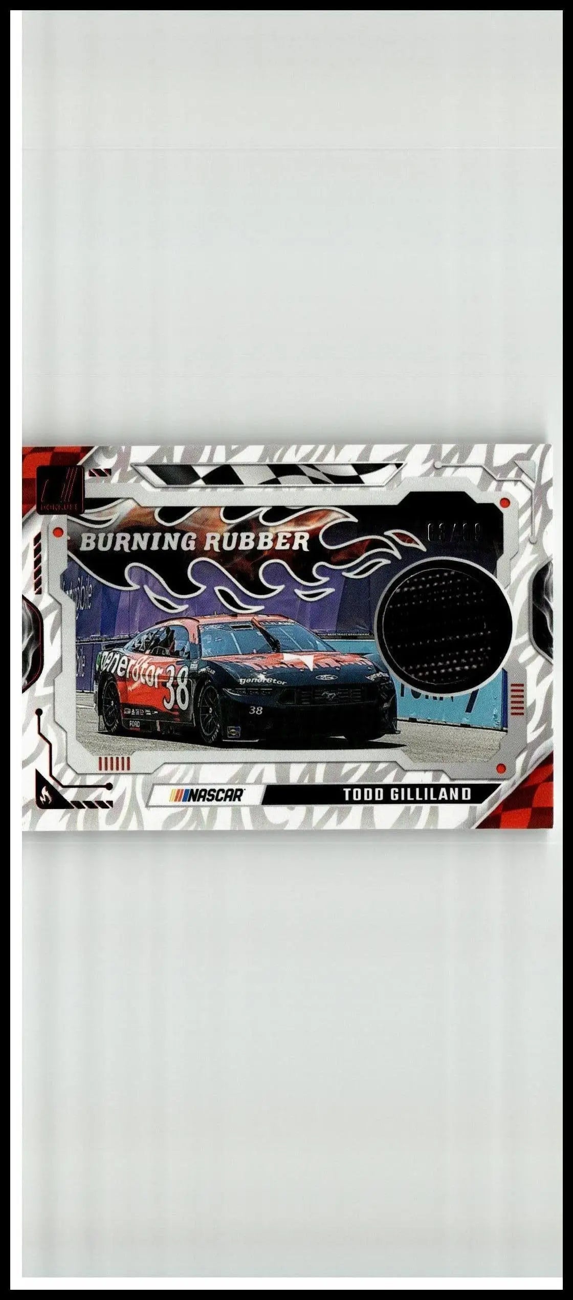Nascar trading card featuring todd gilliland burning rubber materials red car #38 from 2025 donruss limited to 99 cards