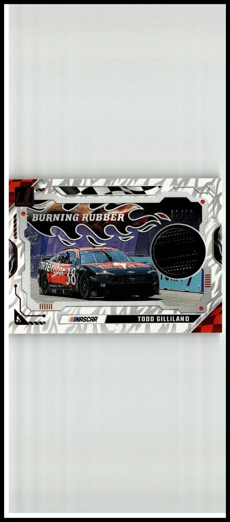 Nascar trading card featuring todd gilliland burning rubber materials red car #38 from 2025 donruss limited to 99 cards