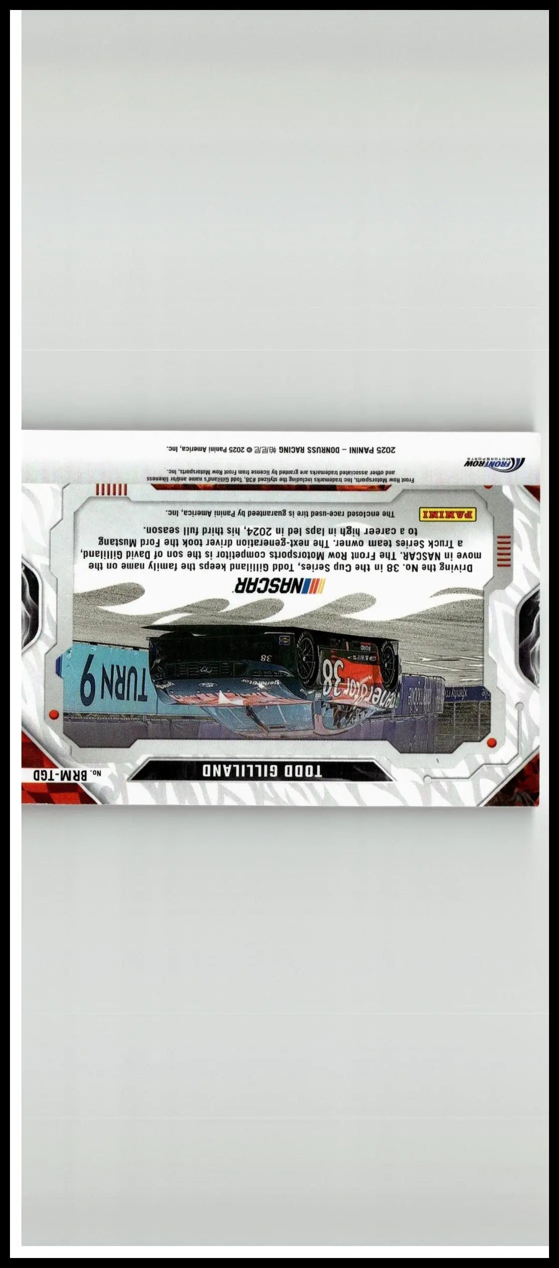 Nascar 2019 collectible card featuring todd gilliland burning rubber red black diecast model car number 6 turn 9