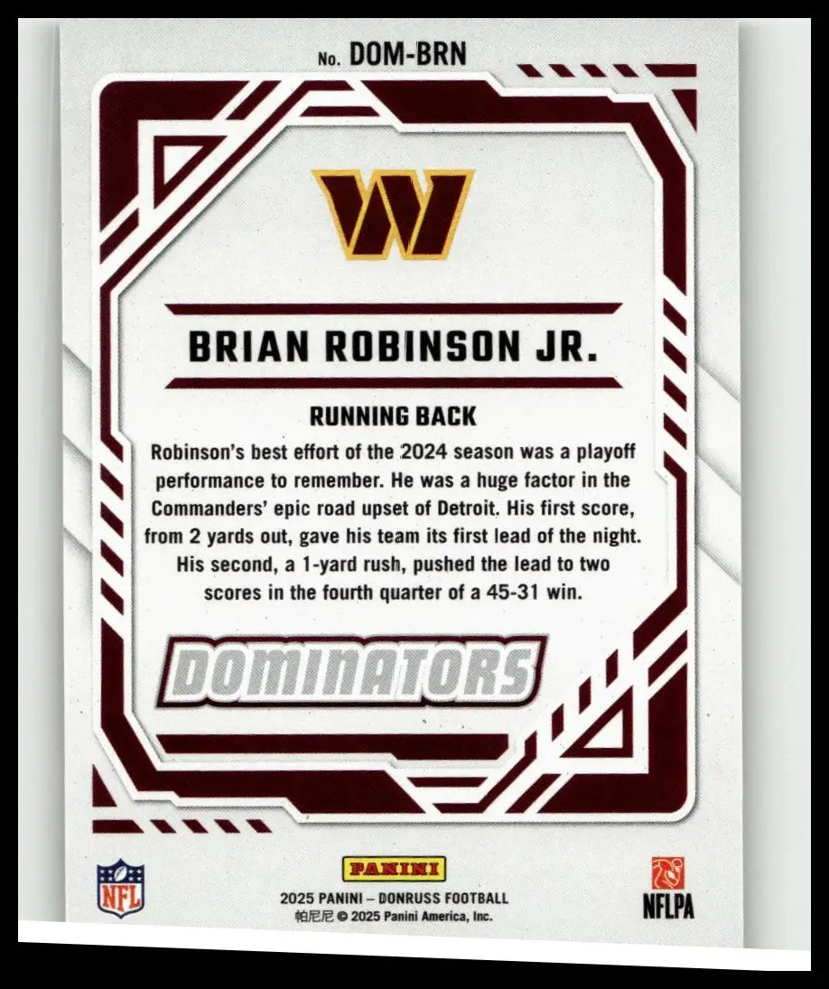 Maroon and gold framed 2025 donruss brian robinson jr football trading card from dominators toys and games collection