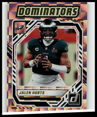 2025 donruss jalen hurts dominators football card featuring jalen hurts in dark green jersey holding football