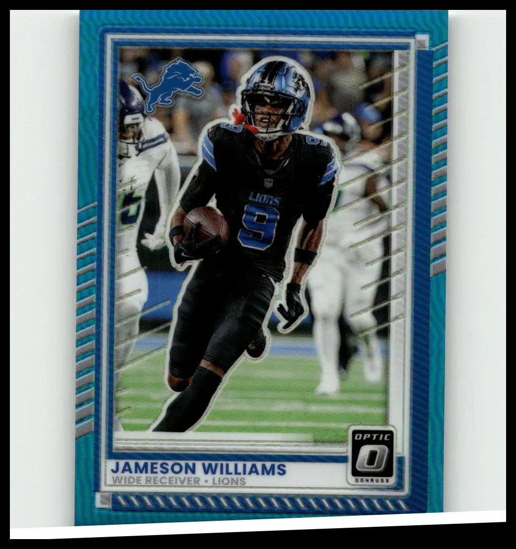 Blue and black detroit lions football trading card featuring jameson williams neon blue in action from 2025 donruss optic