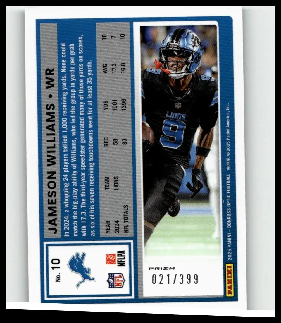 Blue and black detroit lions football trading card featuring jameson williams neon blue from 2025 donruss optic