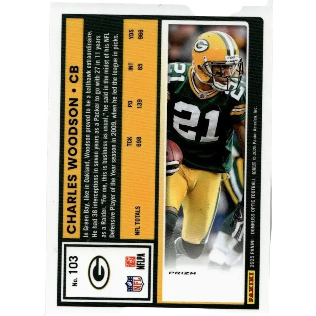 Green and yellow 2025 donruss optic #103 charles woodson holo football trading card featuring woodson in packers uniform