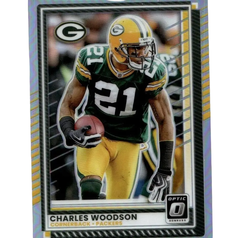 Green and yellow donruss optic 2025 charles woodson holo trading card featuring cornerback number 21