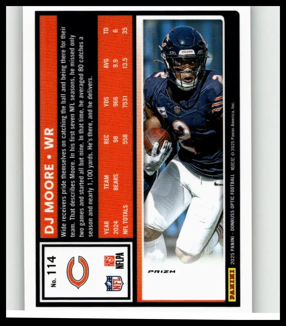 Blue and white chicago bears football trading card featuring dj moore 2025 donruss optic moore holo collectible