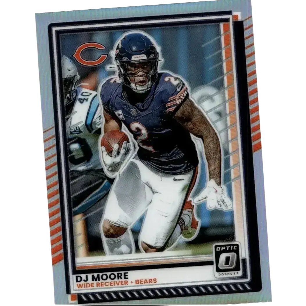 Silver and orange bordered 2025 Donruss Optic moore holo trading card featuring dj moore in bears uniform holding football