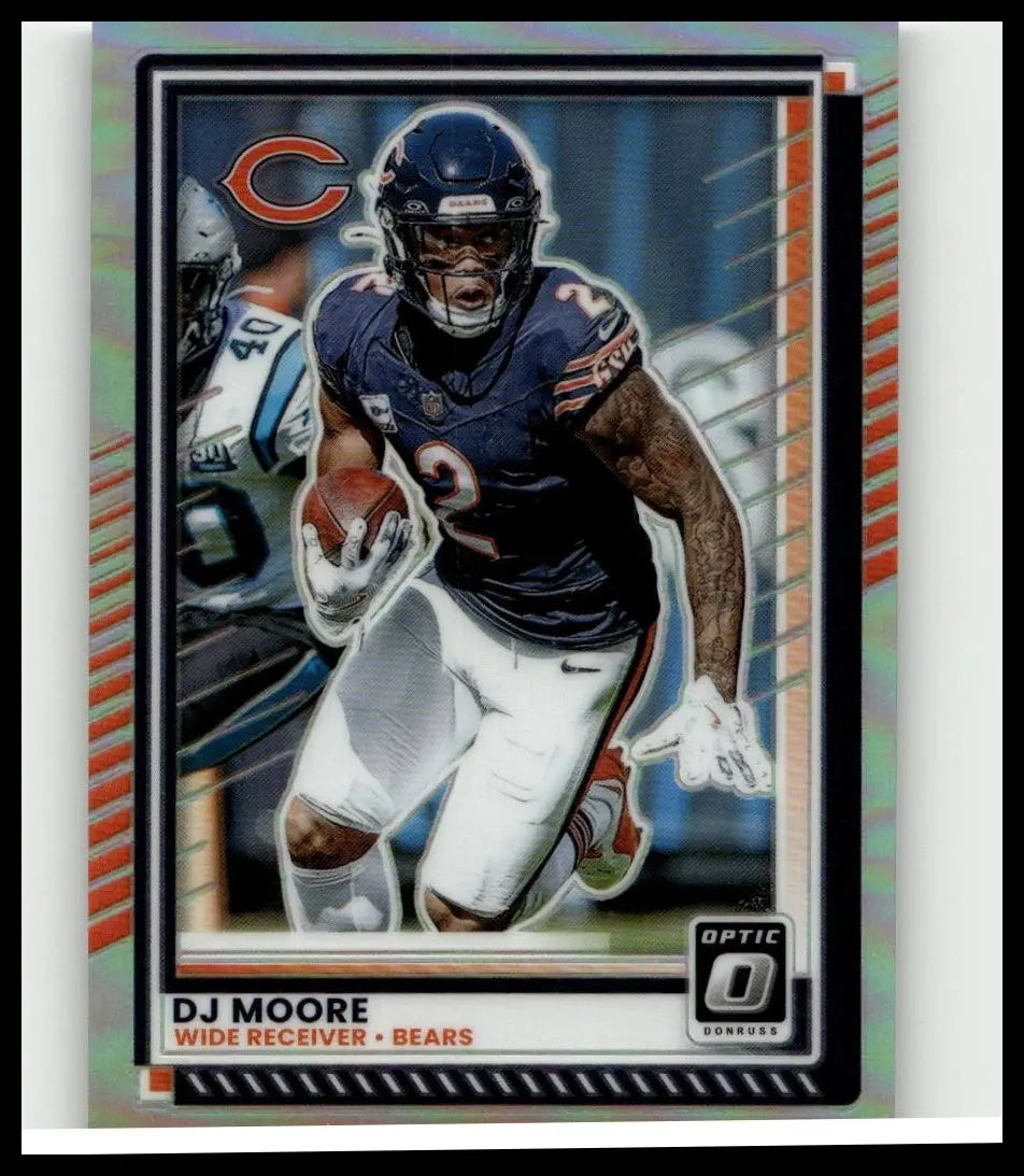 2025 donruss optic #114 dj moore holo football trading card showing moore in navy bears jersey mid-run action toy figures