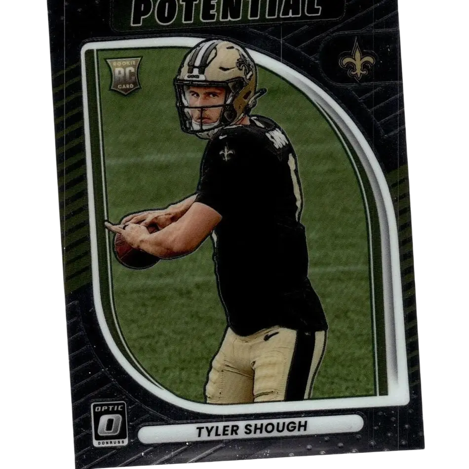 Black and gold 2025 donruss optic football trading card featuring tyler shough hidden potential in saints uniform