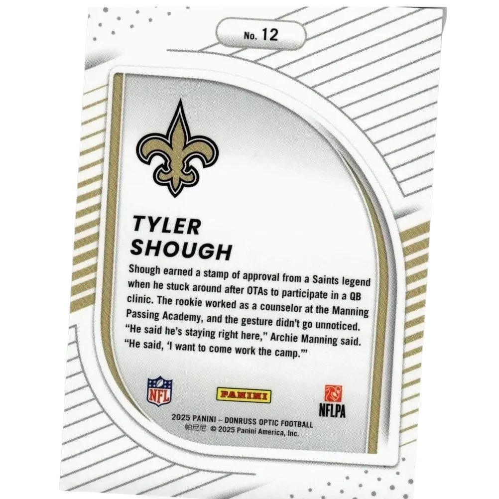 Gold and black fleur-de-lis logo on a white card with gold trim in 2025 Donruss Optic tyler shough hidden potential card