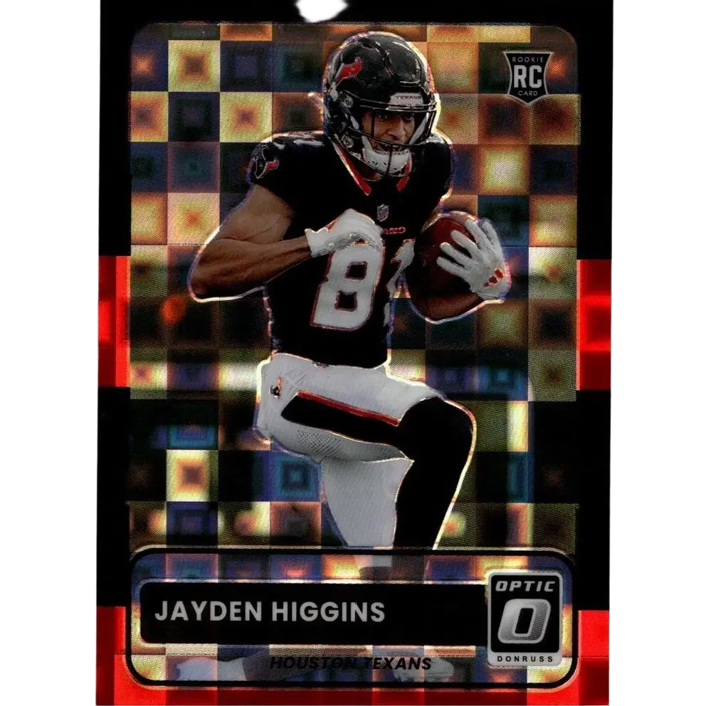 Black and white football trading card of jayden higgins in houston texans uniform from 2025 donruss optic retro black pandora