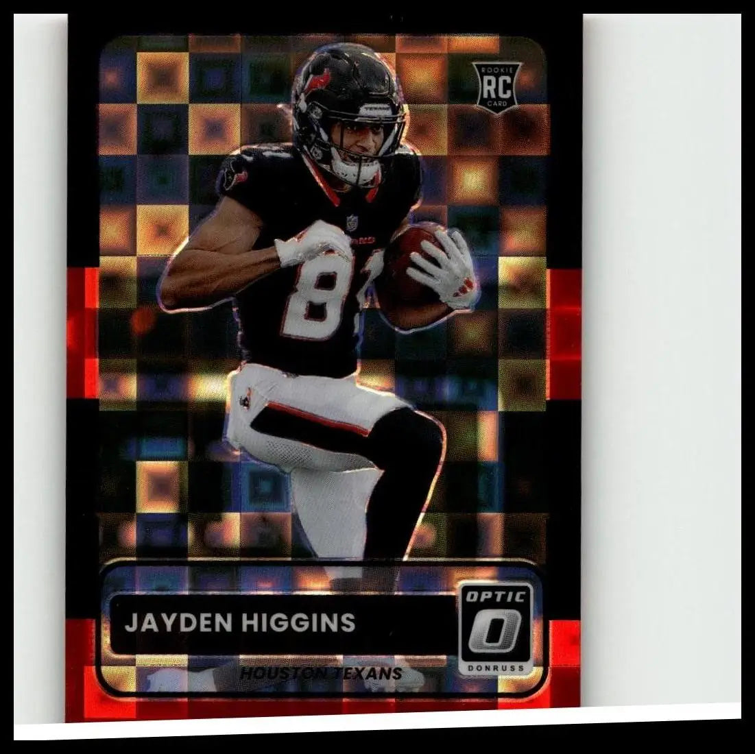 Black and white donruss optic 2025 jayden higgins retro black pandora rookie card with holographic checkered background