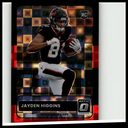 Black and white donruss optic 2025 jayden higgins retro black pandora rookie card with holographic checkered background