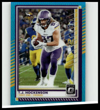 Purple and white minnesota vikings donruss optic 2025 trading card featuring t.j. hockenson neon blue #145 limited to 399