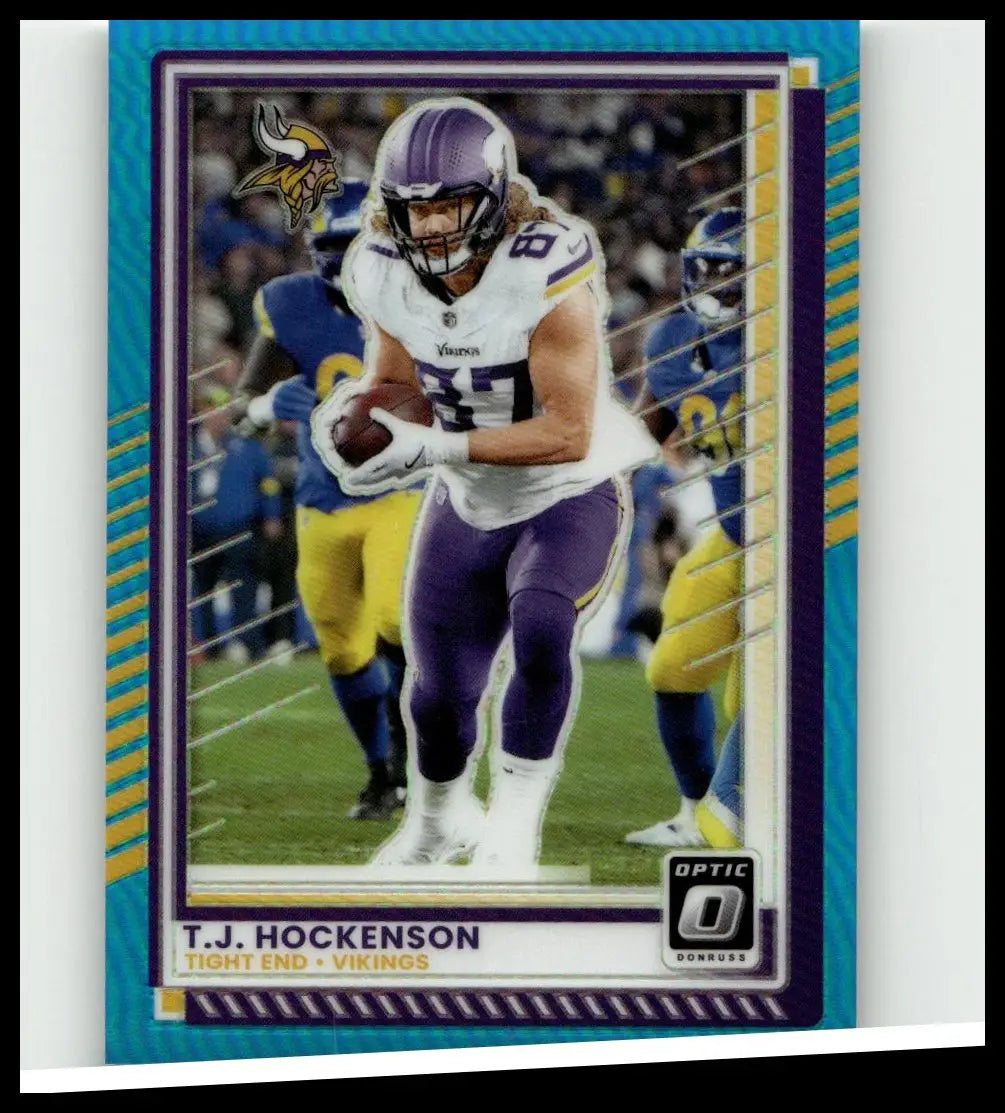 Purple and white minnesota vikings donruss optic 2025 trading card featuring t.j. hockenson neon blue #145 limited to 399