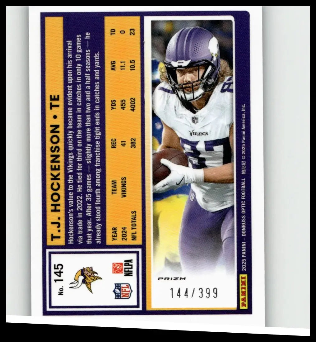 Purple and white minnesota vikings donruss optic football trading card featuring t.j. hockenson neon blue serial numbered 145