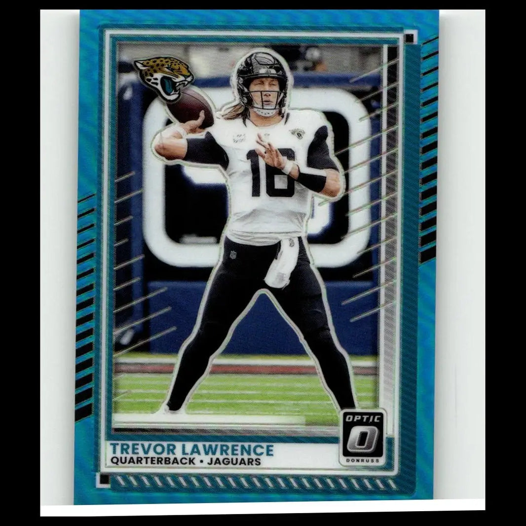 Blue and silver framed 2025 donruss optic #146 trevor lawrence trading card featuring action pose in jaguars uniform