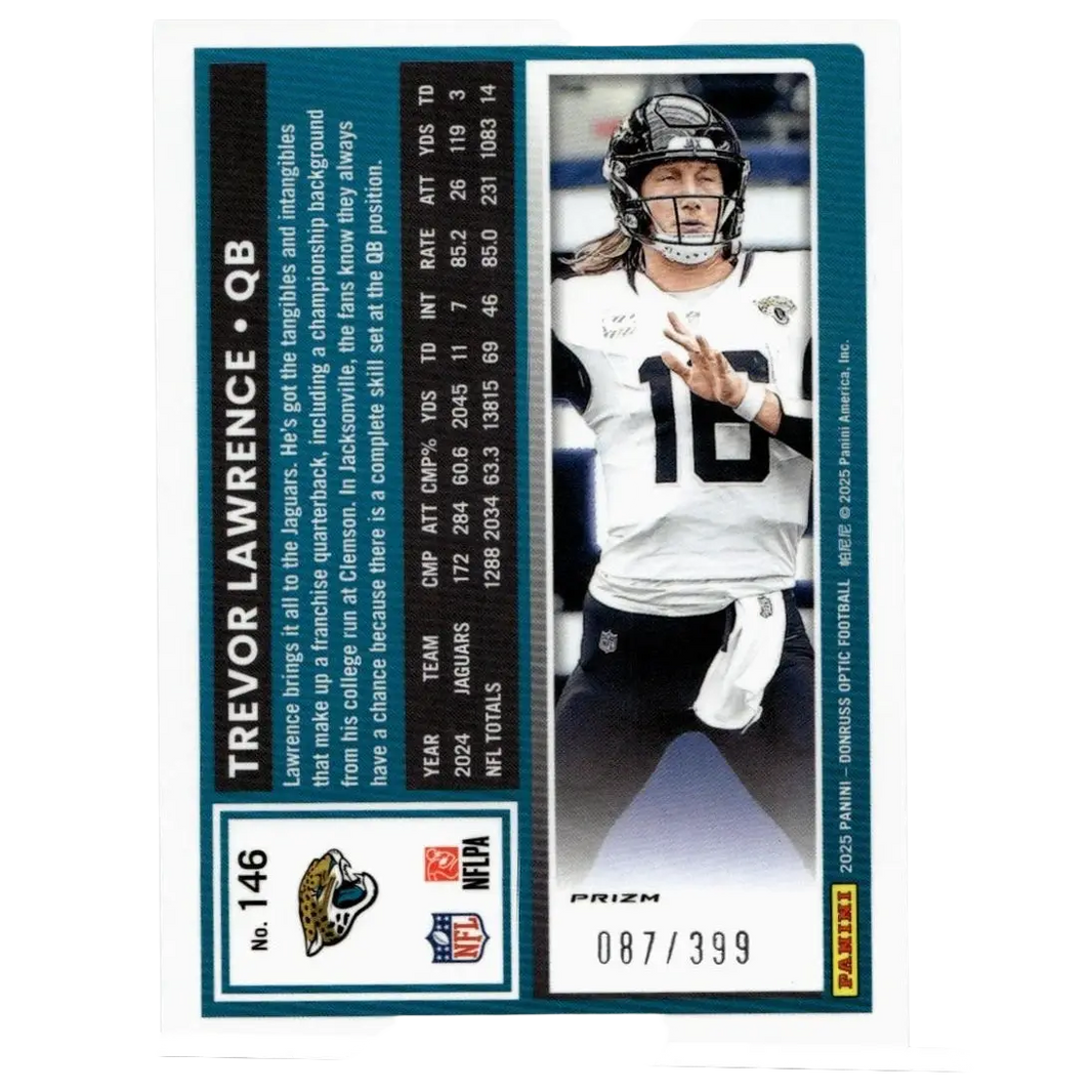 Trevor Lawrence donruss optic trading card showing black helmet white jersey number 18 from the 2025 nfl series