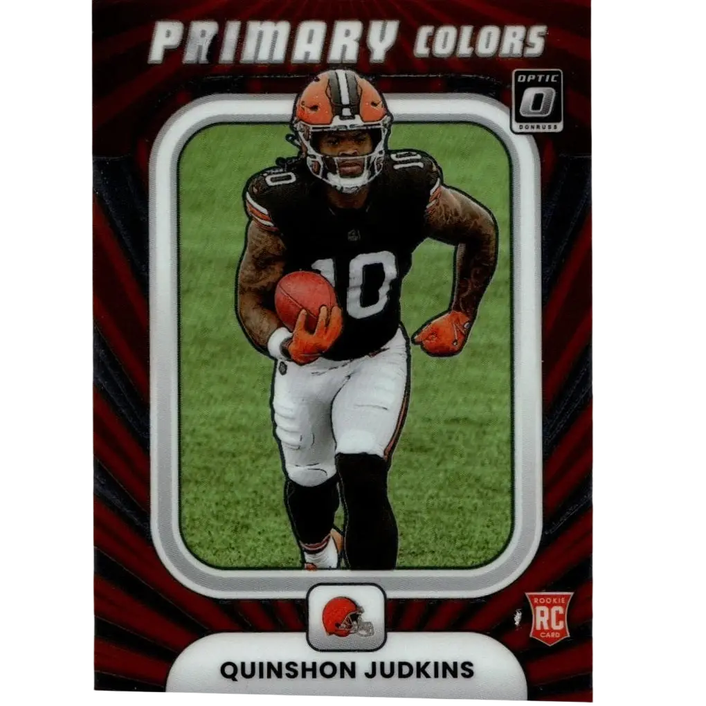 This donruss optic primary colors sports trading card features quinshon judkins rookie in cleveland browns uniform