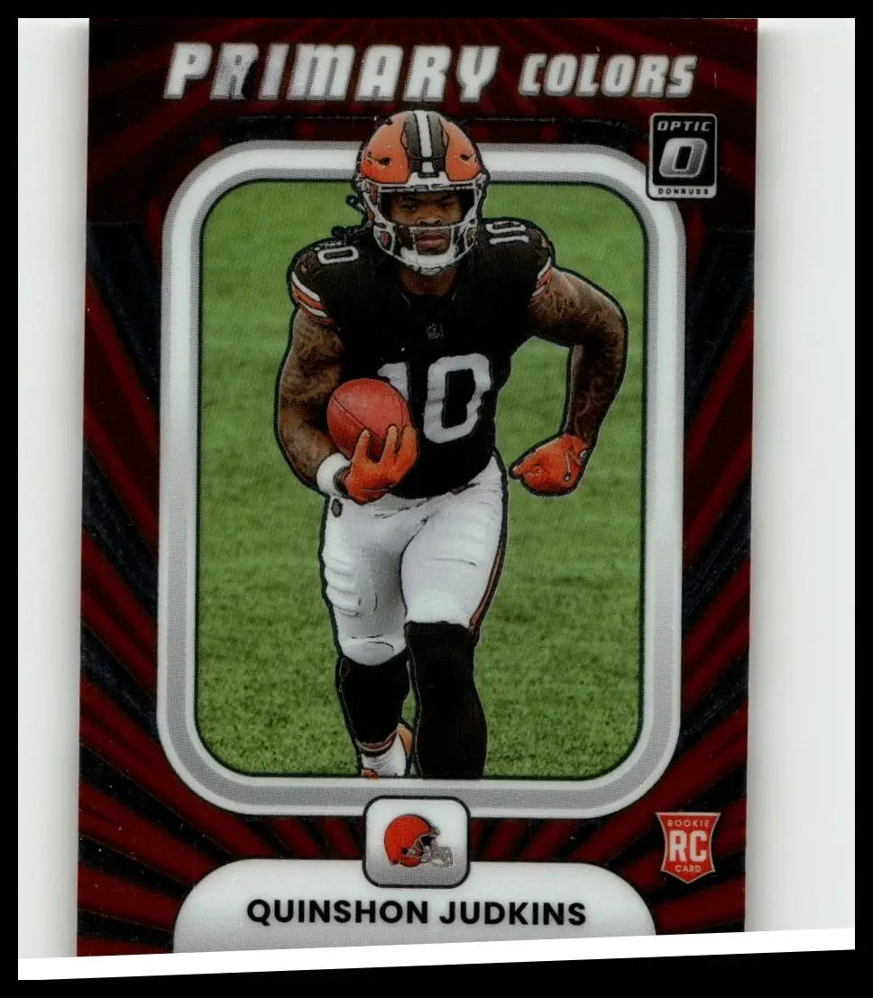 Red and black 2025 donruss optic primary colors rookie card featuring cleveland browns running back quinshon judkins