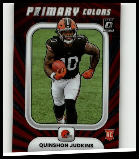 Red and black 2025 donruss optic primary colors rookie card featuring cleveland browns running back quinshon judkins