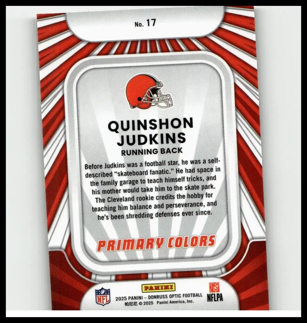 Red and silver 2025 donruss optic quinshon judkins rookie primary colors nfl card featuring cleveland browns helmet logo