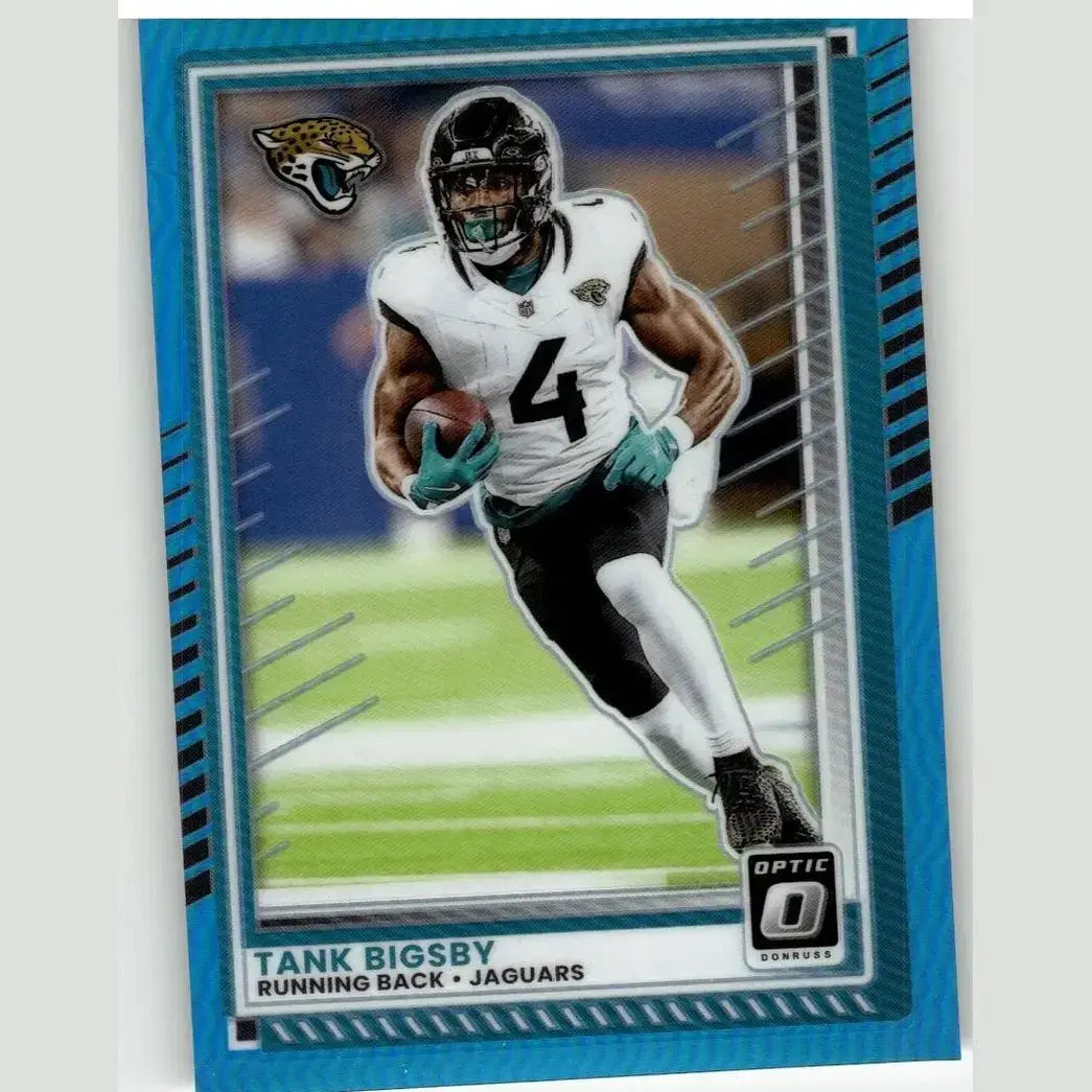 Blue-bordered 2025 donruss optic football trading card featuring tank bigsby aqua running with ball in white jersey