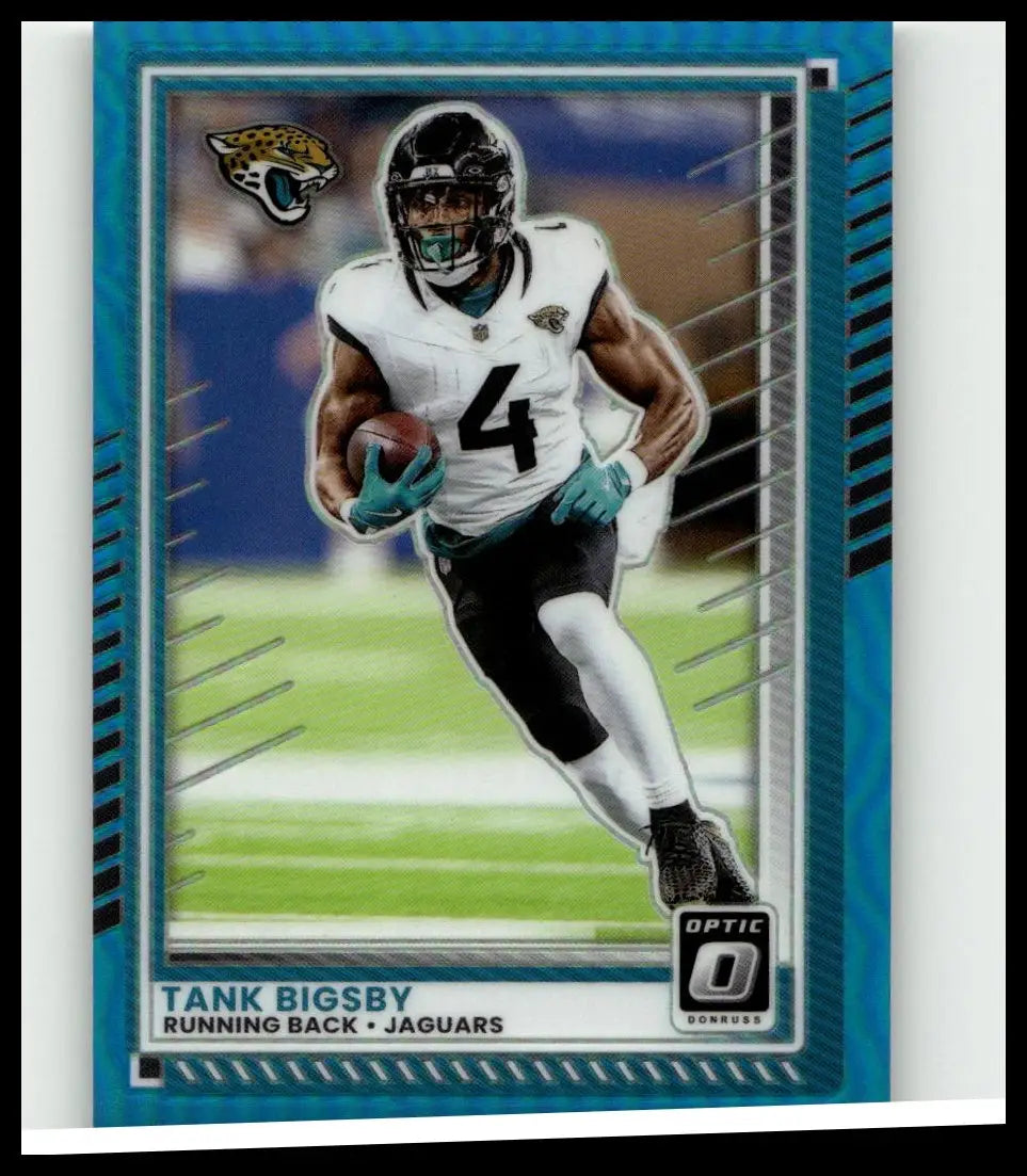 Blue and black framed 2025 Donruss Optic football trading card featuring tank bigsby aqua numbered 193 of 349