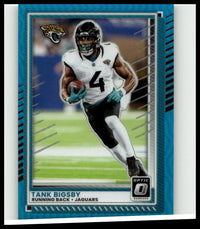 Blue and black framed 2025 Donruss Optic football trading card featuring tank bigsby aqua numbered 193 of 349