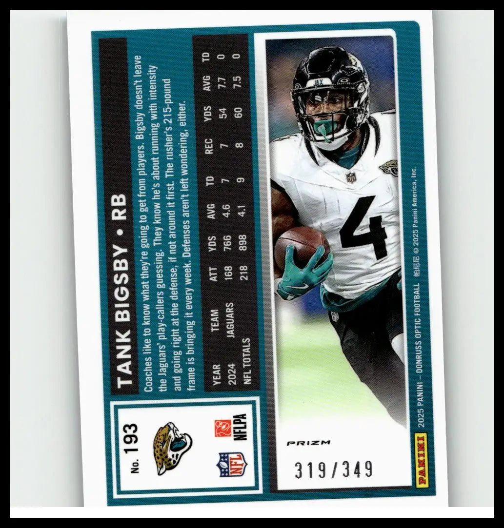 2025 donruss optic football card featuring tank bigsby aqua in jacksonville jaguars uniform number 4 numbered 193 of 349
