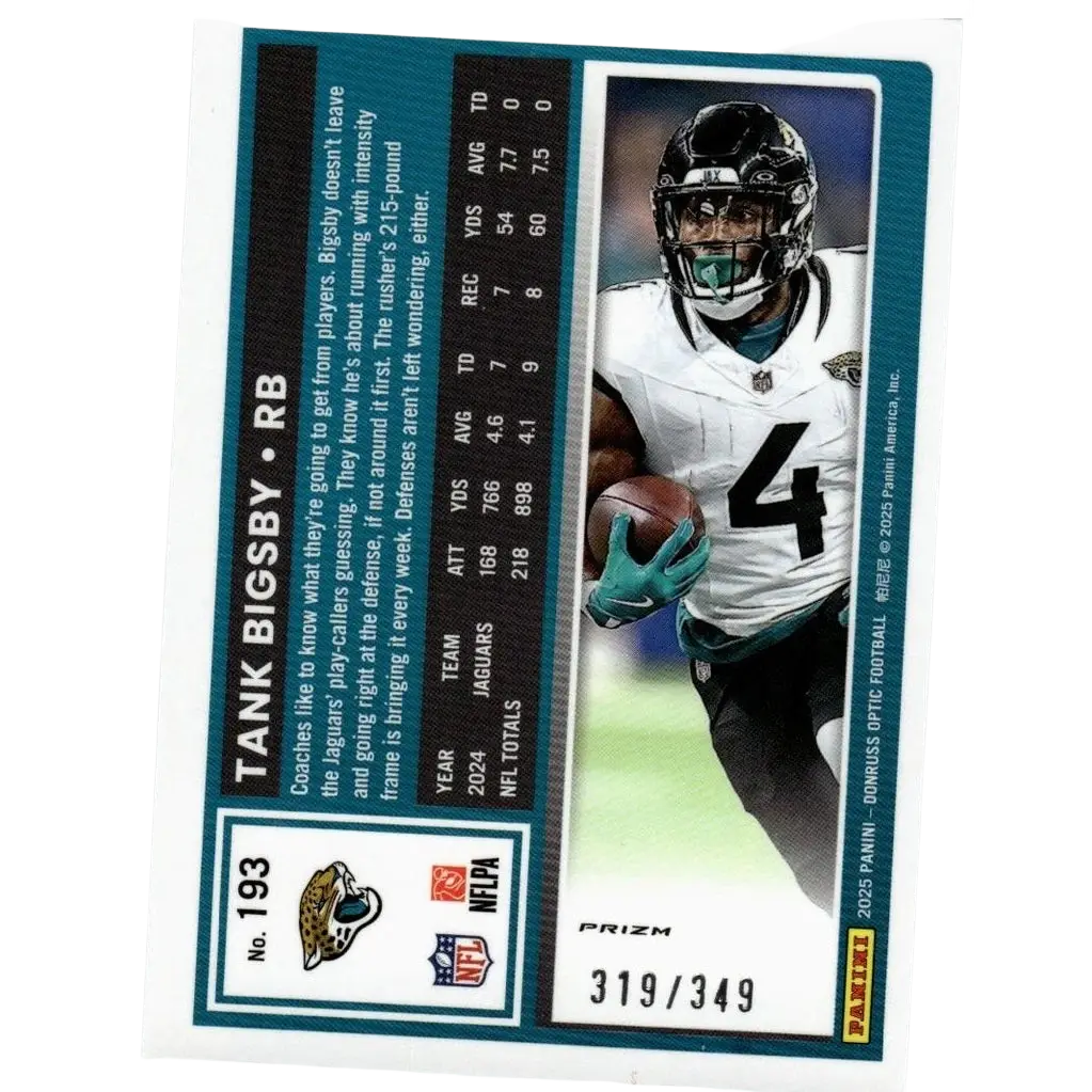 2025 donruss optic #193 tank bigsby aqua football card showing bigsby in white teal jacksonville jaguars uniform