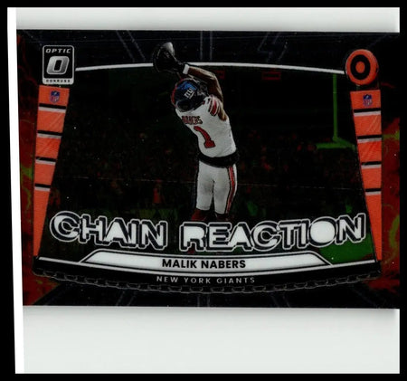 Black and orange 2025 donruss optic football trading card featuring malik nabers in white jersey nabers chain reaction