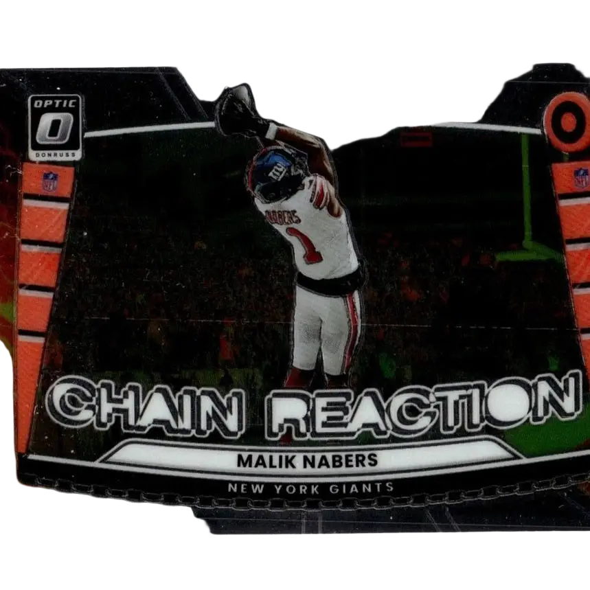2025 donruss optic malik nabers chain reaction trading card in black and orange featuring nabers mid-air in giants jersey