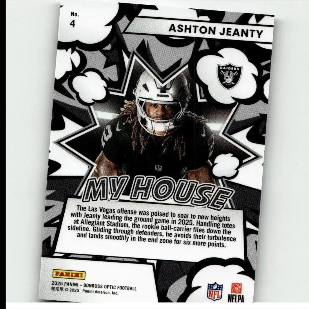 Black and silver donruss optic football card featuring ashton jeanty in raiders helmet from 2025 nabers chain reaction
