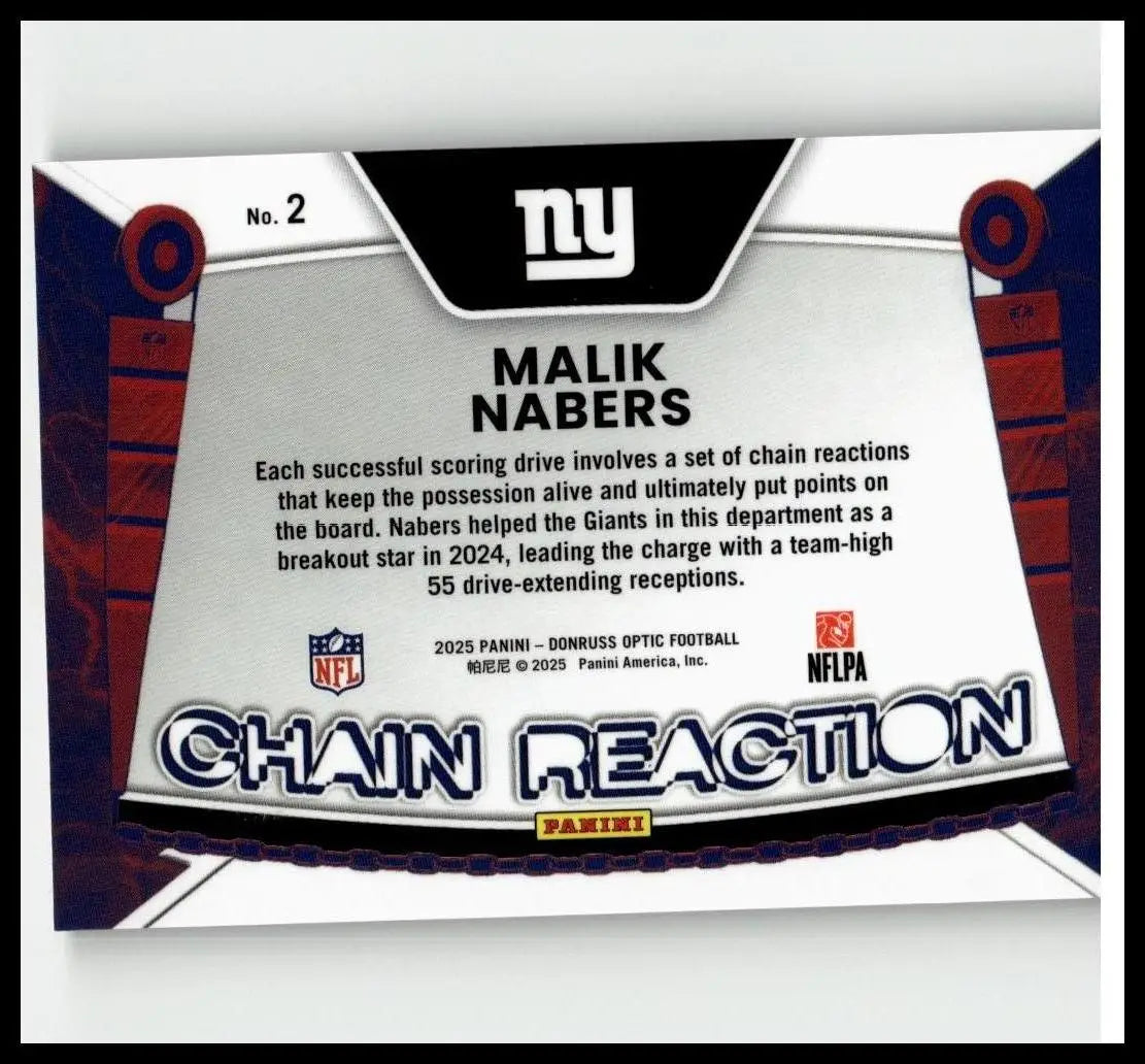 White and black 2025 donruss optic malik nabers chain reaction nfl trading card featuring new york giants logo