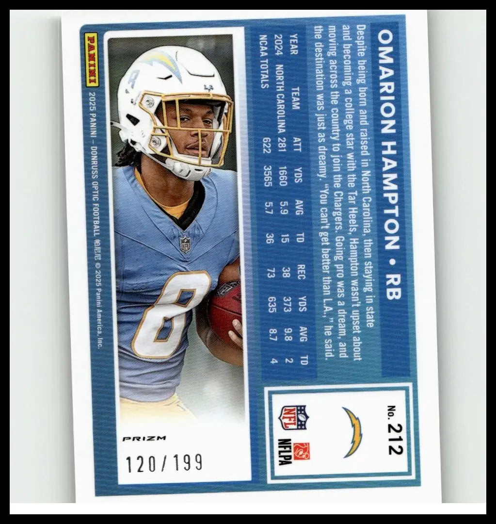 2025 donruss optic football card featuring omarion hampton flex in light blue jersey number 8 holding red football