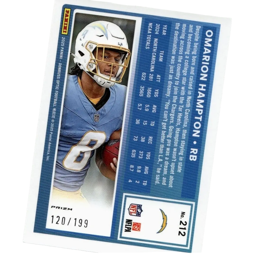 A 2025 donruss optic football trading card featuring omarion hampton flex in a light blue jersey holding a football