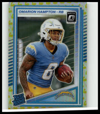 Blue and yellow donruss optic 2025 omarion hampton flex football trading card in chargers uniform numbered out of 199